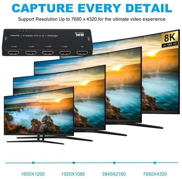 Alt view image 6 of 7 - Xiwai HDMI Splitter 1-IN-4-OUT 8K 60hz Ultra-HD Converter Box Compatible 2.1 Switch 48Gbps UHD Hub Support Mirror HDCP SST Extended 4K@120hz 3.5mm Audio