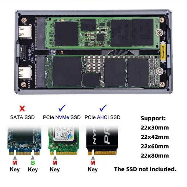 Alt view image 2 of 7 - Xiwai 20Gbps Dual NVME Drive Case M.2 NGFF M-Key to USB-C Type-C Raid0 Raid1 JOBD Big SSD Enclosure with Fan Raid0 Hyper Adapter for 2230/ 2242/ 2260/ 2280mm PCI-E NVME SSDs