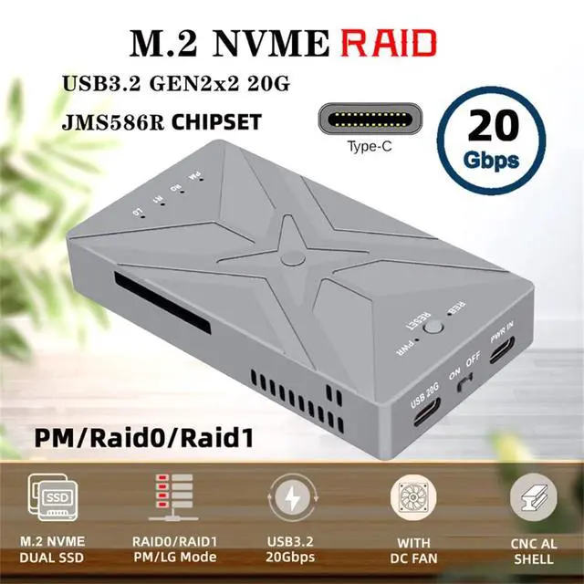 Alt view image 4 of 7 - Xiwai 20Gbps Dual NVME Drive Case M.2 NGFF M-Key to USB-C Type-C Raid0 Raid1 JOBD Big SSD Enclosure with Fan Raid0 Hyper Adapter for 2230/ 2242/ 2260/ 2280mm PCI-E NVME SSDs
