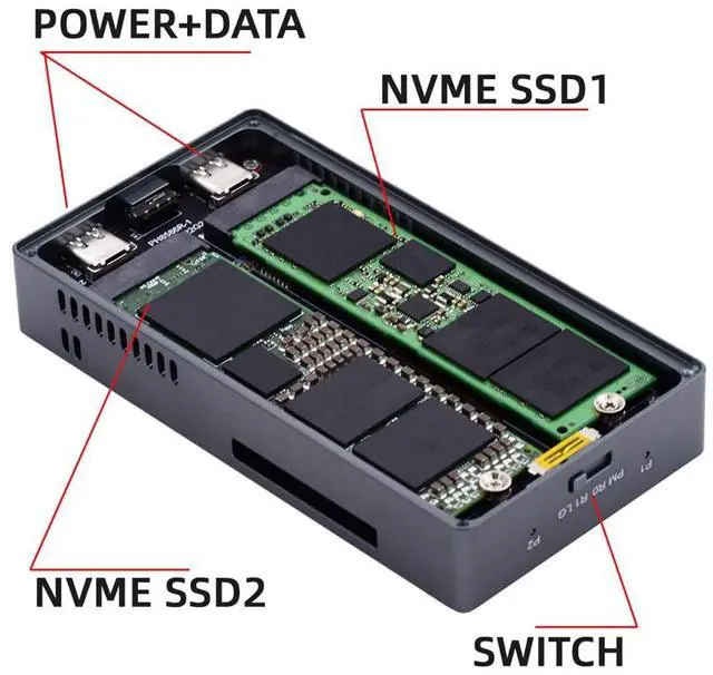 Alt view image 6 of 7 - Xiwai 20Gbps Dual NVME Drive Case M.2 NGFF M-Key to USB-C Type-C Raid0 Raid1 JOBD Big SSD Enclosure with Fan Raid0 Hyper Adapter for 2230/ 2242/ 2260/ 2280mm PCI-E NVME SSDs
