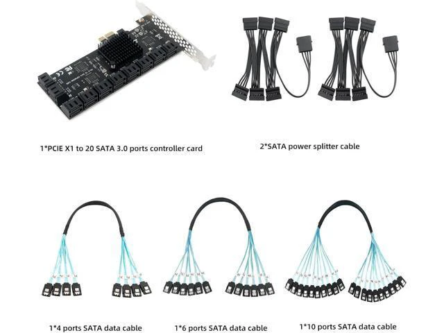 Alt view image 7 of 7 - PCIe x1 to 20-Port SATA III Expansion Card | 6Gbps HDD/SSD Controller with 19in Bundle Cables | Plug & Play Multi-Drive Desktop Storage
