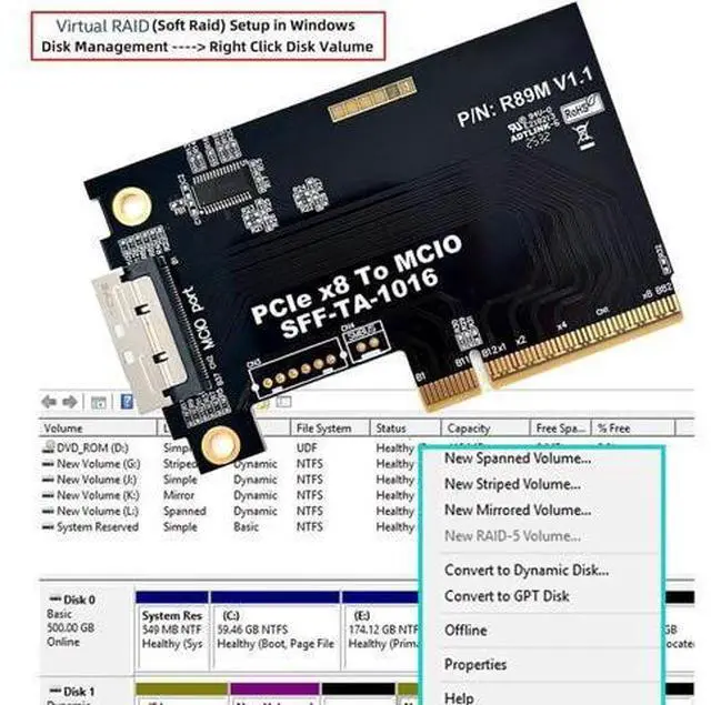 Alt view image 3 of 7 - External MCIO 8i Mini Cool Edge IO SFF-TA-1016 to PCIE5.0 PCI-Express 8X VROC Adapter for Mainboard SSD Graphics Card