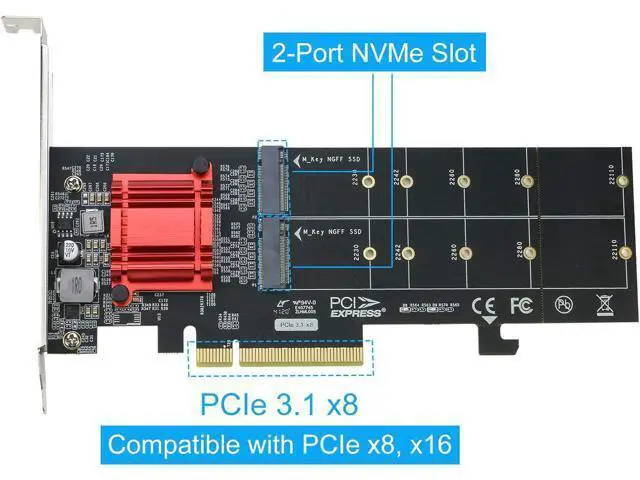 Alt view image 2 of 5 - Dual NVMe PCIe Adapter, M.2 NVMe SSD to PCI-e 3.1 x8/x16 Card Support M.2 (M Key) NVMe SSD 22110/2280/2260/2242/2230