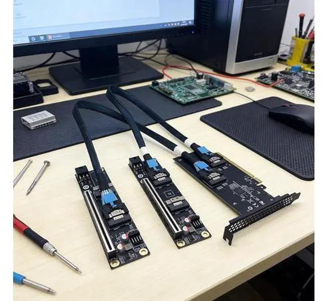 Alt view image 3 of 7 - SlimSAS 4.0 PCIe Split Complete Kit SFF-8654 8i External GPU Adapter with Two Riser Cards Two 75cm Cable One PCIe 16X Backplanes for Dual Graphics Card Expansion