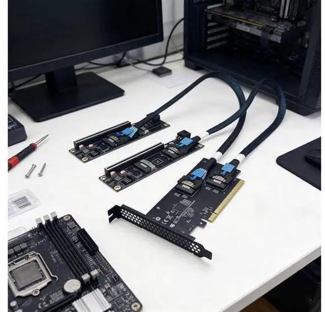 Alt view image 5 of 7 - SlimSAS 4.0 PCIe Split Complete Kit SFF-8654 8i External GPU Adapter with Two Riser Cards Two 75cm Cable One PCIe 16X Backplanes for Dual Graphics Card Expansion
