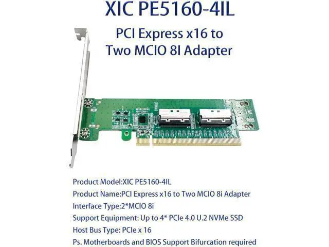 Alt view image 5 of 7 - PCIe5.0 x16 to 2-Port MCIO 8i NVMe Adapter - Supports 4 NVMe SSD Compatible with PCIe Gen5/Gen4/Gen3, Bifurcation Support SFF-9402 Compliant
