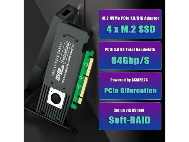 Alt view image 2 of 7 - ST560 Quad M.2 NVMe to PCIe 3.0 X8 Adapter with PCIe Bifurcation, Setup Soft M.2 NVMe RAID via OS Tool