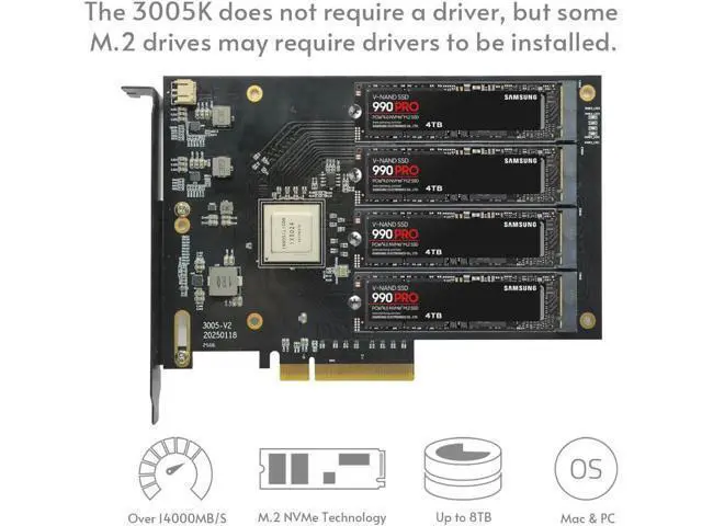 Alt view image 2 of 7 - Quad PCIe4.0 NVMe M.2 SSD Adapter Card-PCI Express 4.0 x8 Card Support 4X M.2 NGFF PCIe NVMe SSD for Mac & PC (IX8024 Switch)-Support Non-Bifurcation Motherboard(3005K)
