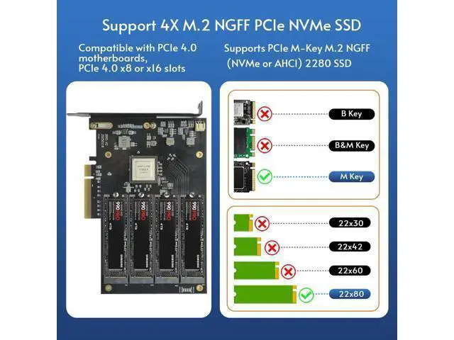 Alt view image 4 of 7 - Quad PCIe4.0 NVMe M.2 SSD Adapter Card-PCI Express 4.0 x8 Card Support 4X M.2 NGFF PCIe NVMe SSD for Mac & PC (IX8024 Switch)-Support Non-Bifurcation Motherboard(3005K)