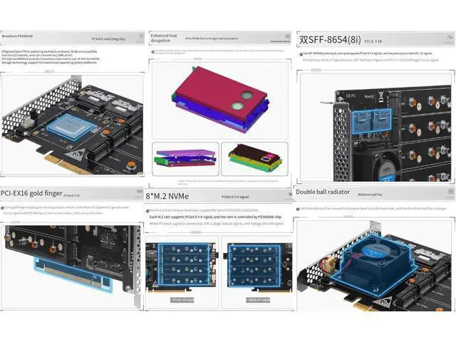 Alt view image 4 of 7 - Broadcom PEX88048 Array Card/8 PCIe 4.0 x16 M.2 NVMe with Cooling 4010 Ball Fan/2*SFF-8654(8i)/Support Soft array/2230 2260 2280 22110 M.2NVMe /Dual Power Supply
