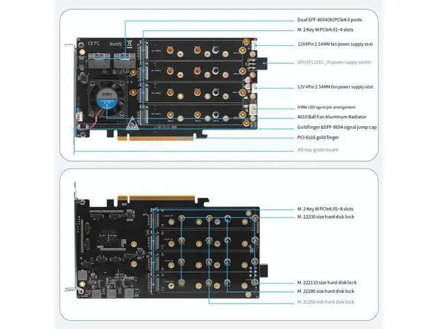 Alt view image 5 of 7 - Broadcom PEX88048 Array Card/8 PCIe 4.0 x16 M.2 NVMe with Cooling 4010 Ball Fan/2*SFF-8654(8i)/Support Soft array/2230 2260 2280 22110 M.2NVMe /Dual Power Supply