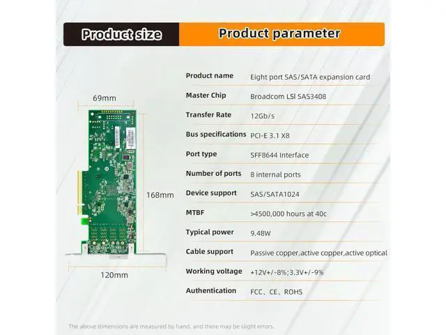 Alt view image 2 of 7 - 8 Port PCIe 3.1 X8 SATA SAS 12Gbps HBA Expansion Card with SFF 8644 Interface Controller, Supports SSD HDD for Server/Workstation Storage Adapter