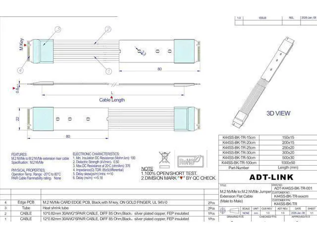 Alt view image 3 of 7 - PCIe 5.0 M.2 NGFF NVMe Key M Male to Male Flat Extender Cable Gen5 (K44SS-BK(Tx-Tx/Rx-RX), 25cm)