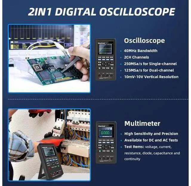 Alt view image 2 of 7 - Hantek 2C42 Handheld Oscilloscope Multimeter 2 in 1 Multifunction Tester 2CH+DMM 40MHz Scope