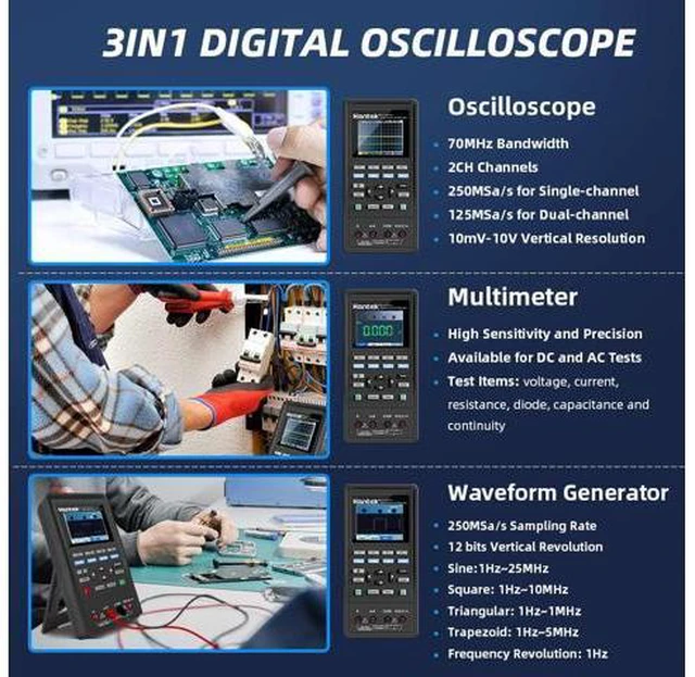 Main image of Hantek 2D72 Oscilloscope, 2+1 CH 70MHz with Waveform Generator and Multimeter 3 in 1 Multifunction Tester 2CH+AFG+DMM Scope