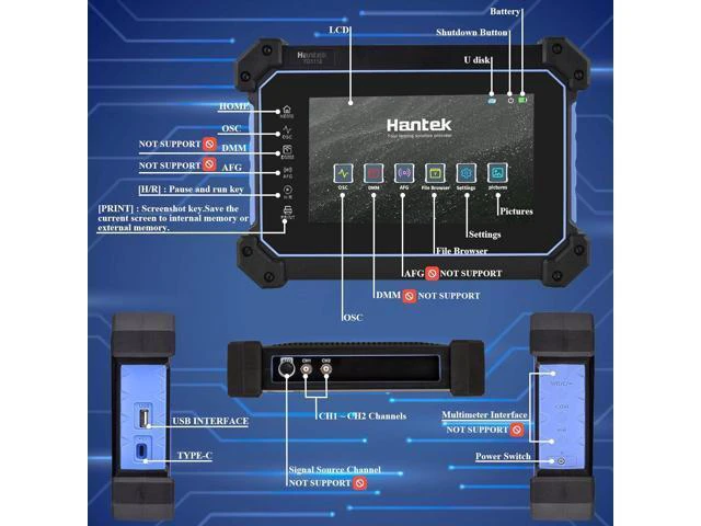 Alt view image 5 of 6 - Hantek Tablet Oscilloscope 110MHz Bandwidth 250MSa/S 8M Storage Depth with 7" Touch Screen(TO1112/110MHz+2CH)