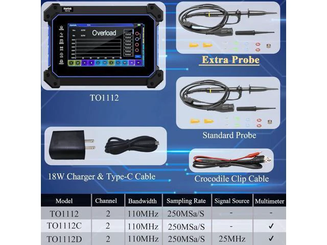 Alt view image 6 of 6 - Hantek Tablet Oscilloscope 110MHz Bandwidth 250MSa/S 8M Storage Depth with 7" Touch Screen(TO1112/110MHz+2CH)
