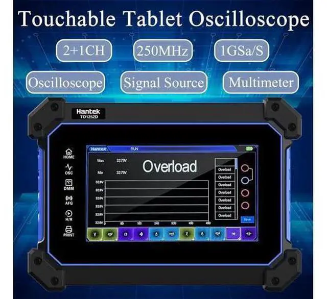 Alt view image 2 of 6 - Hantek Oscilloscope, 250MHz Bandwidth with Dual Channel Tablet Oscilloscope, with Digital Multimeter Test Arbitray Waveform Generator, Hantek TO1252D with 7 inch LCD