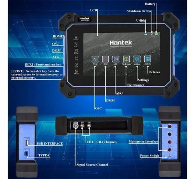 Alt view image 5 of 6 - Hantek Oscilloscope, 250MHz Bandwidth with Dual Channel Tablet Oscilloscope, with Digital Multimeter Test Arbitray Waveform Generator, Hantek TO1252D with 7 inch LCD