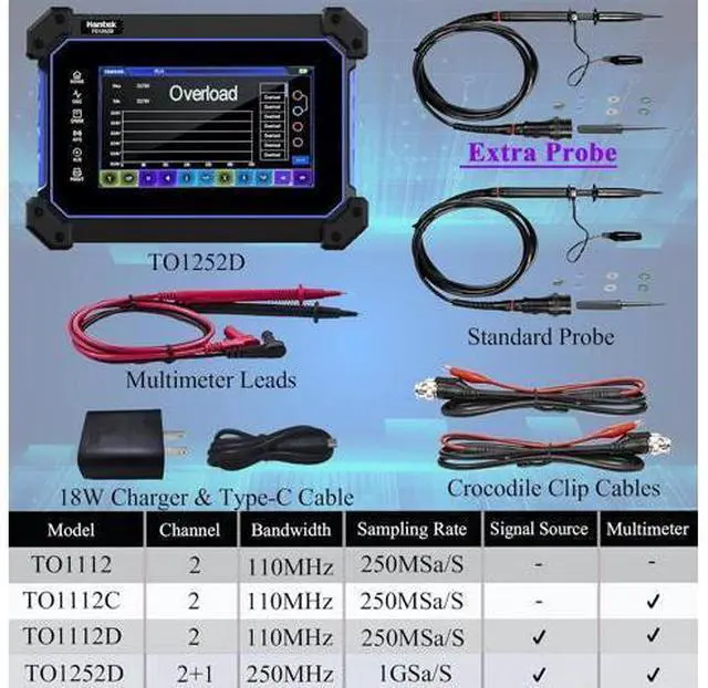 Alt view image 6 of 6 - Hantek Oscilloscope, 250MHz Bandwidth with Dual Channel Tablet Oscilloscope, with Digital Multimeter Test Arbitray Waveform Generator, Hantek TO1252D with 7 inch LCD