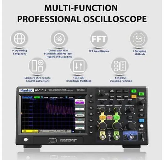 Alt view image 2 of 6 - Hantek Oscilloscope, DSO2C20 Digital Oscilloscope 200 MHz Bandwidth with Dual Channels 2GSa/s Sample Rate Support 32 Automatic Measurement (200MHz/2CH/Hantek DSO2C20)
