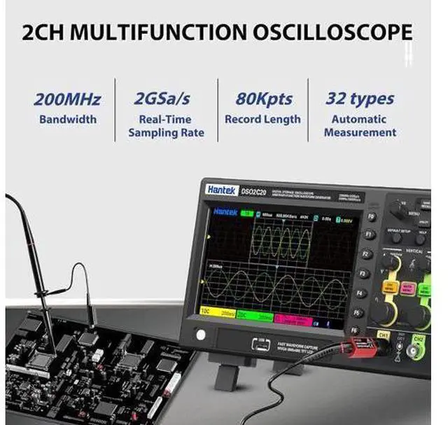 Main image of Hantek Oscilloscope, DSO2C20 Digital Oscilloscope 200 MHz Bandwidth with Dual Channels 2GSa/s Sample Rate Support 32 Automatic Measurement (200MHz/2CH/Hantek DSO2C20)