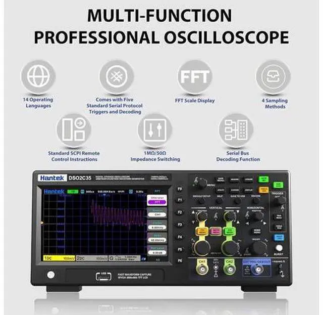 Alt view image 4 of 6 - Hantek Oscilloscope, DSO2C35 Digital Oscilloscope 350 MHz Bandwidth with Dual Channels 2GSa/s Sample Rate Support 32 Automatic Measurement (350MHz/2CH/Hantek DSO2C35)