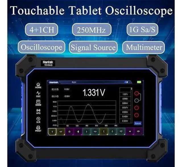 Alt view image 2 of 6 - TO1254D Hantek Oscilloscope 250MHz Bandwidth 4+1CH Tablet Oscillograph 3 in 1 Function 25MHz Waveform Generator with Digital Multimeter 7 Touchable LCD (4+1CH/250MHz/TO1254D)