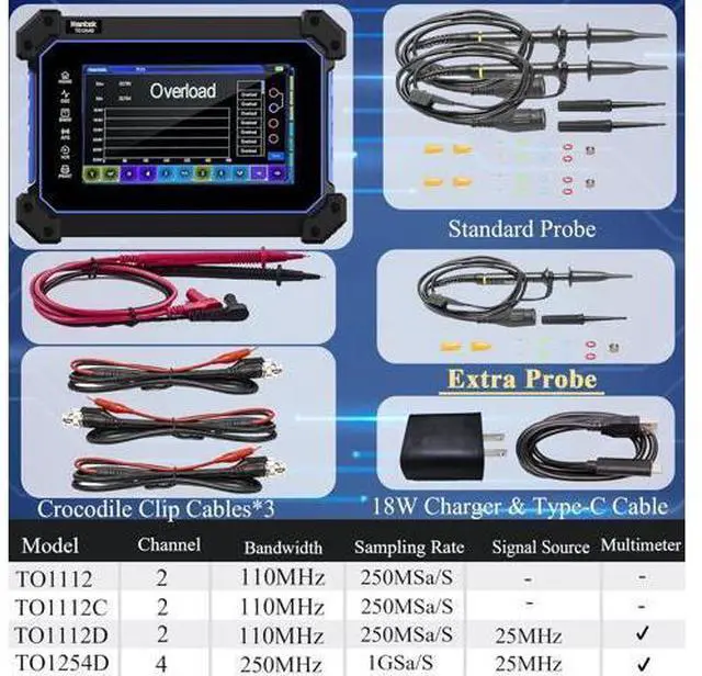 Alt view image 6 of 6 - TO1254D Hantek Oscilloscope 250MHz Bandwidth 4+1CH Tablet Oscillograph 3 in 1 Function 25MHz Waveform Generator with Digital Multimeter 7 Touchable LCD (4+1CH/250MHz/TO1254D)