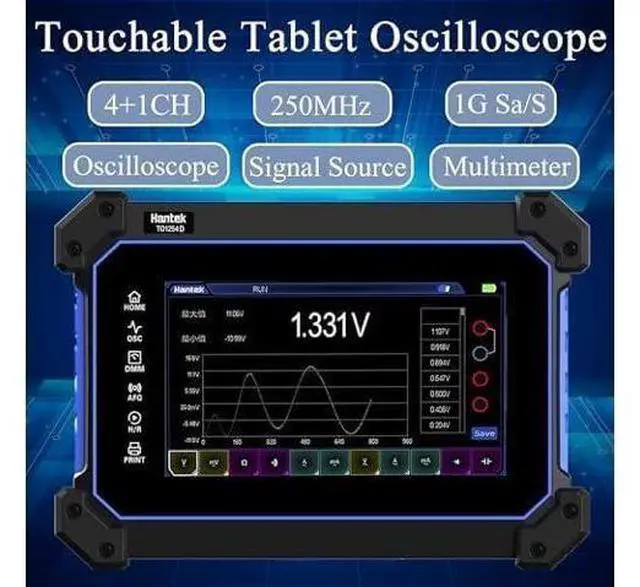 Alt view image 2 of 6 - Hantek TO1254D 4-Channel Oscilloscope 250MHz Bandwidth 1 GSa/s Sampling Rate 7-Inch Touchscreen Portable and Movable Signal Source + 4000-Point Multimeter