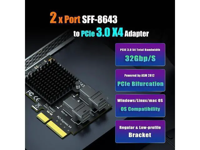 Alt view image 2 of 7 - SF22 2-Port SFF-8643(Mini-SAS HD) to PCIE 3.0 X4 Adapter Card with PCIe Bifurcation Function, Regular and Low-profible Bracket