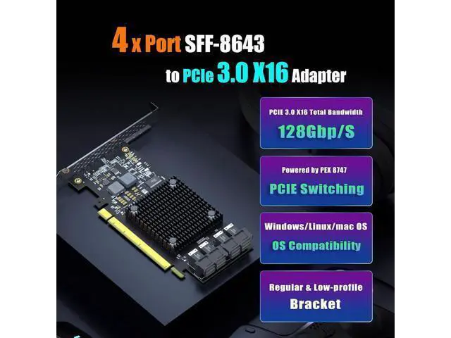 Alt view image 2 of 7 - ST583 4-Port SFF-8643 to PCIE 3.0 X16 Adapter Card with PEX8747 Controller for High-Density U.2/U.3/M.2 NVMe RAID Storage Solution