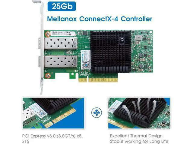 Alt view image 4 of 6 - 25GbE NIC Network Card Compatible with Mellanox ConnectX-4,Dual-SFP28 Ports PCI Express 3.0 X8 Ethernet Adapter Support Windows Server/Windows/Ubuntu