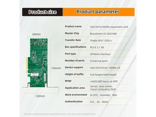 Alt view image 2 of 7 - 8 Port PCIe 3.1 x8 SAS/SATA Controller with U.2 NVMe Support - 12Gb/s SFF-8643 Host Adapter Card for SSD, HDD, and Storage Drives Expansion Card