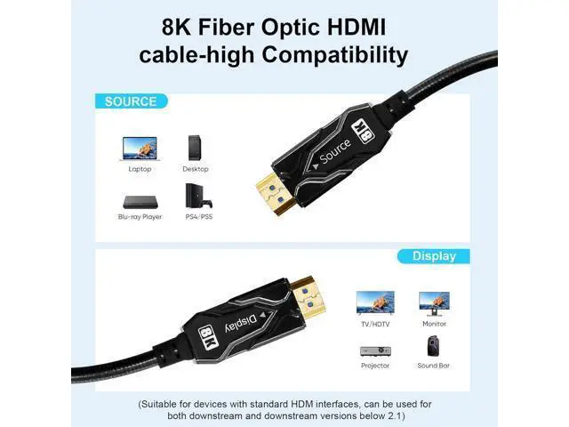 Alt view image 7 of 7 - DTECH 8K Fiber Optic HDMI Cable 50ft Long Metal Armored Waterproof HDMI Cord 8K@60Hz 4K@120Hz 48Gbps 2.1 Ultra High Speed eARC Dolby Atmos Vision HDR HDCP Compatible with TV Soundbar PS5 PS4 Monitor