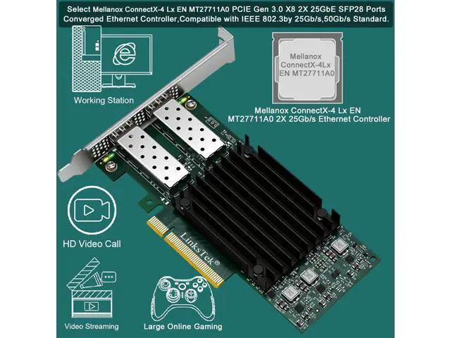 Alt view image 4 of 7 - Dual 25Gb/s SFP28 Fiber Port Intelligent RDMA Ethernet Adapter for Virtualization and Storage Servers, Mellanox ConnectX-4 Lx EN MT27711A0 Ethernet Controller, 2X 25GbE PCIE 3.0 x8 NIC Card (CX4121A)