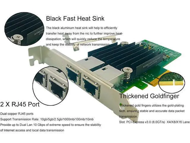 Alt view image 2 of 5 - 10Gb PCIE x4/x8/x16 Ethernet Network Adapter with X550T2 Dual Copper RJ45 Port 1GbE/2.5GbE/5GbE/10GbE LAN Card NIC 10GBase-T X550AT Server Support Windows/Linux/VMware