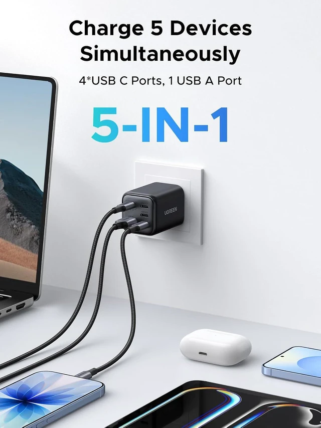 Alt view image 2 of 7 - UGREEN 5-Port 45W USB C Charger Block, PD/PPS/QC 45 Watt Fast Charging, GaN Charger with 4 USB C Port for iPhone 17/16/15, Galaxy S26/S25/S24/S23, Pixel 10/9/8, iPad, MacBook Neo/Air and More