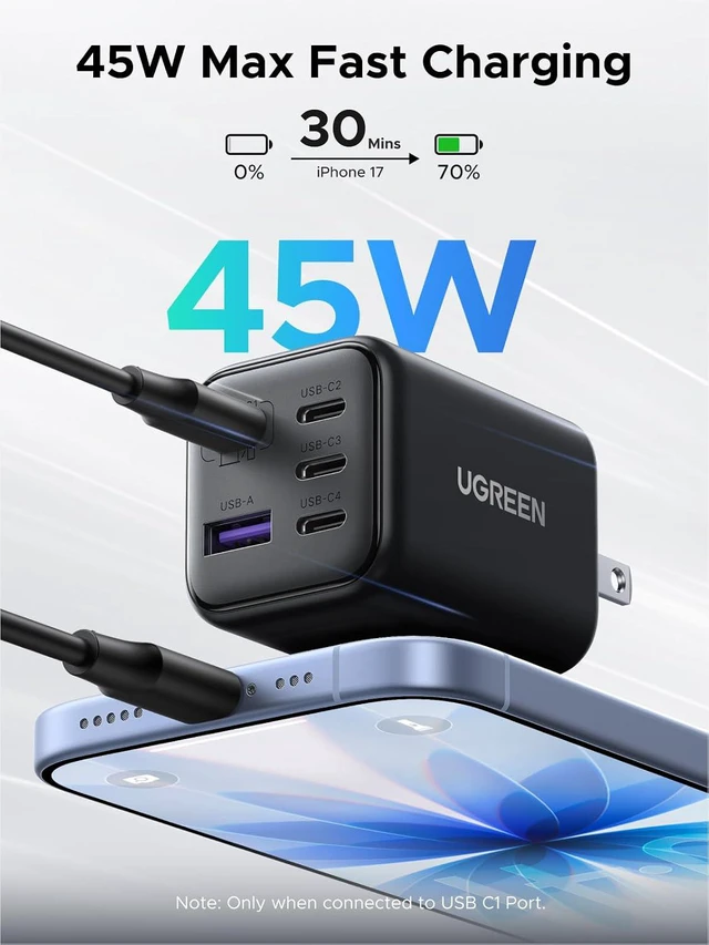 Alt view image 3 of 7 - UGREEN 5-Port 45W USB C Charger Block, PD/PPS/QC 45 Watt Fast Charging, GaN Charger with 4 USB C Port for iPhone 17/16/15, Galaxy S26/S25/S24/S23, Pixel 10/9/8, iPad, MacBook Neo/Air and More