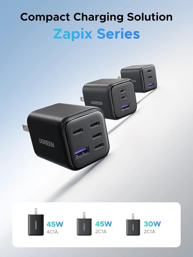 Alt view image 6 of 7 - UGREEN 5-Port 45W USB C Charger Block, PD/PPS/QC 45 Watt Fast Charging, GaN Charger with 4 USB C Port for iPhone 17/16/15, Galaxy S26/S25/S24/S23, Pixel 10/9/8, iPad, MacBook Neo/Air and More