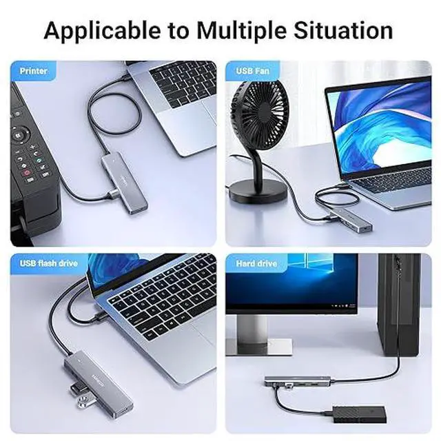 Alt view image 6 of 7 - UGREEN USB Hub 4 Ports, C & 3 A Multiport Adapter, 2ft Long Cable Powered 3.0 Hub with C Power Port for Laptop, Desktop, PS5, Xbox Series, and More Devices (Pack of 2)