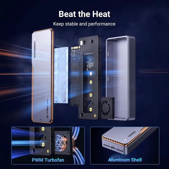 Alt view image 3 of 7 - UGREEN 40Gbps M.2 NVMe Enclosure with Cooling Fan, Aluminum