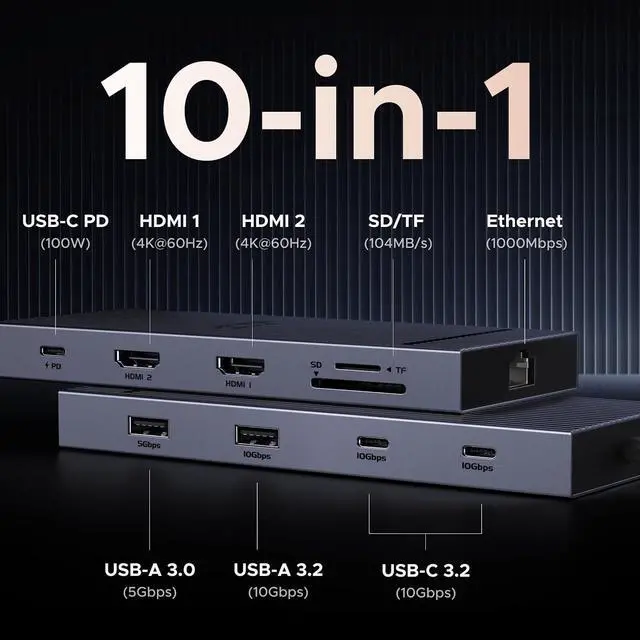 Alt view image 2 of 7 - UGREEN USB C Docking Station Dual Monitor 4K@60Hz, 10-in-1 Dock with 2xHDMI