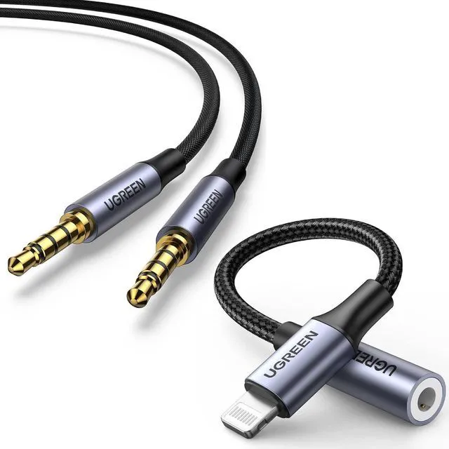 Main image of UGREEN 10FT 4-Pole Braided 3.5mm Audio Cable Bundle with Lightning to 3.5mm Adapter Compatible with iPhone