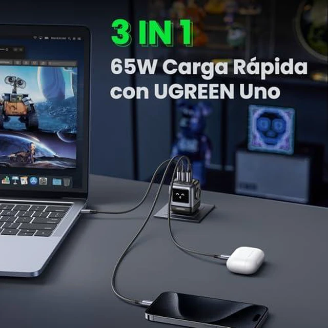 Alt view image 3 of 6 - UGREEN Uno Charger 65W USB C Charger Bundle with 6.6ft 240W USB C Cable with Digital Display Compatible with iPhone 17/17 Pro/17 Pro Max, MacBook Pro/Air, Galaxy S25/S24, iPad Pro/Air, Pixel 10