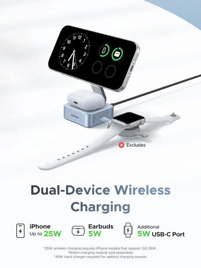 Alt view image 3 of 7 - UGREEN MagFlow Qi2 25W MagSafe Compatible 2-in-1 Foldable Charging Station