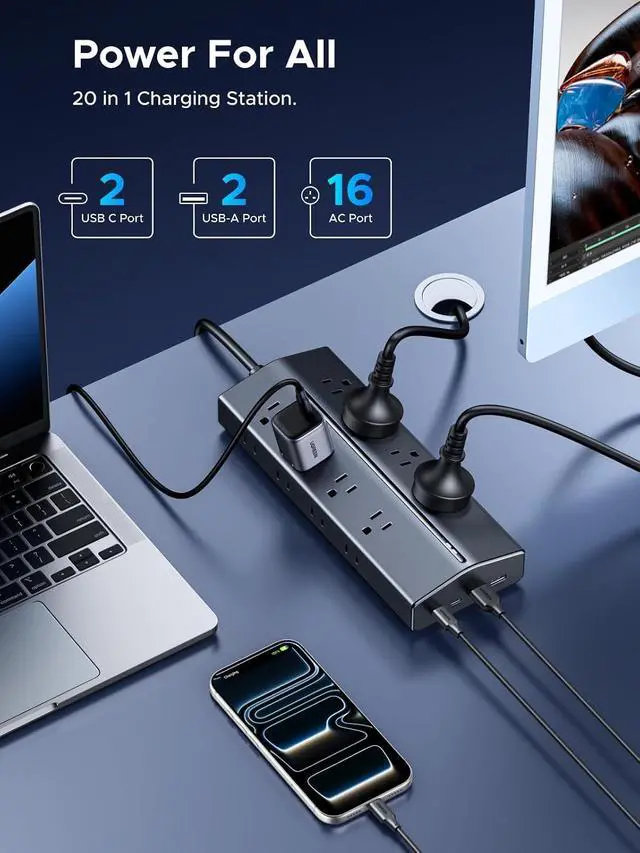 Alt view image 2 of 7 - UGREEN 65W 20-in-1 GaN Surge Protector Power Strip, 5ft Extension Cord