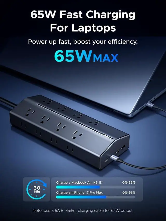 Alt view image 3 of 7 - UGREEN 65W 20-in-1 GaN Surge Protector Power Strip, 5ft Extension Cord