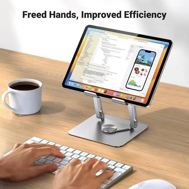 Alt view image 3 of 7 - UGREEN Tablet Stand Holder for Desk with 360° Rotating Base Aluminum Dual Rod Support Adjustable Home Office Accessories Compatible with iPad Pro 13 12 11 Air Mini 5 4 3 Phone E-Reader Silver