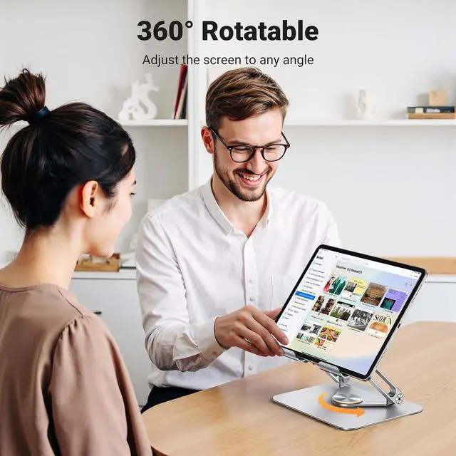 Alt view image 5 of 7 - UGREEN Tablet Stand Holder for Desk with 360° Rotating Base Aluminum Dual Rod Support Adjustable Home Office Accessories Compatible with iPad Pro 13 12 11 Air Mini 5 4 3 Phone E-Reader Silver